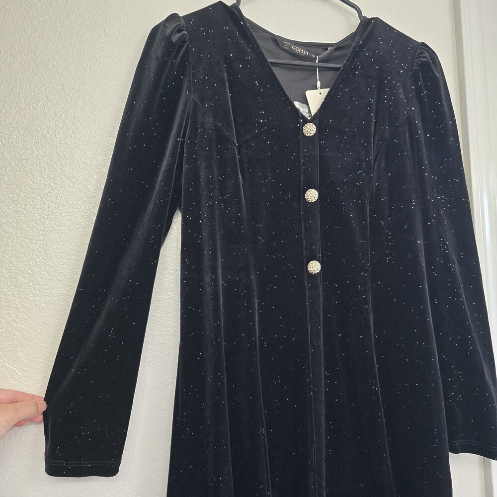 Women Velvet Midi Black Dress Long Sleeve Sparkle Holiday Party Cocktail Preppy - Picture 4 of 16